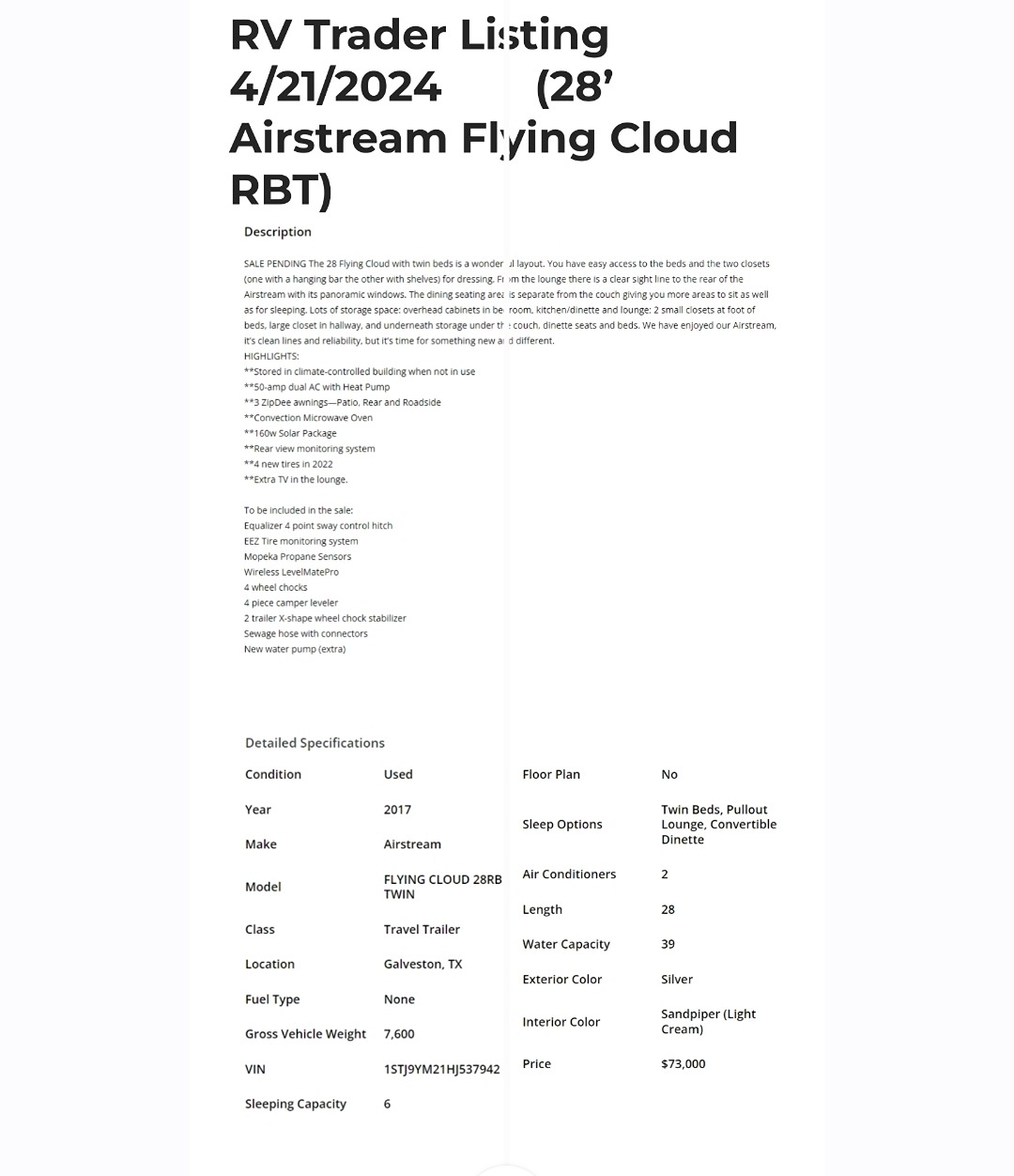 2017 AIRSTREAM FLYING CLOUD exterior